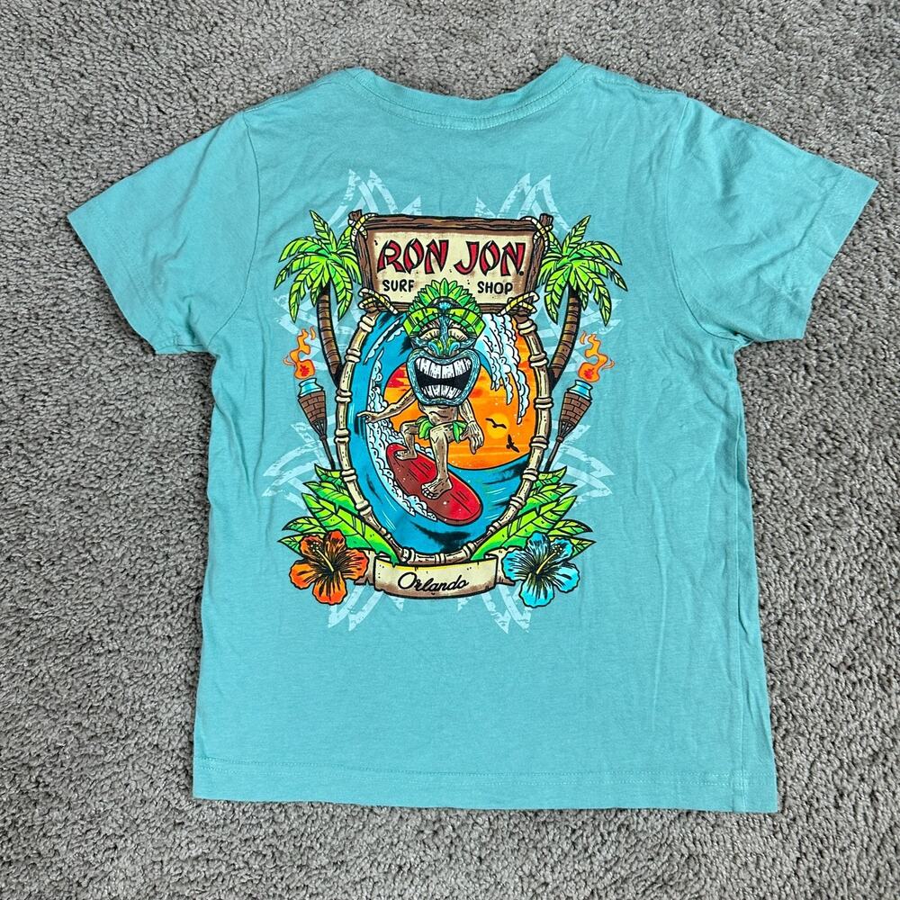 Ron Jon Surf Shop Shirt Boys Small Blue Aqua Tiki Surf God Orlando Short Sleeve